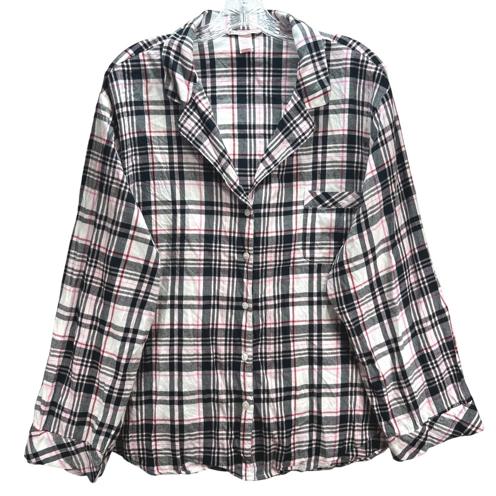 Victoria's Secret Plaid Pajama Top Black White Pink Flannel Sleep Shirt XXL